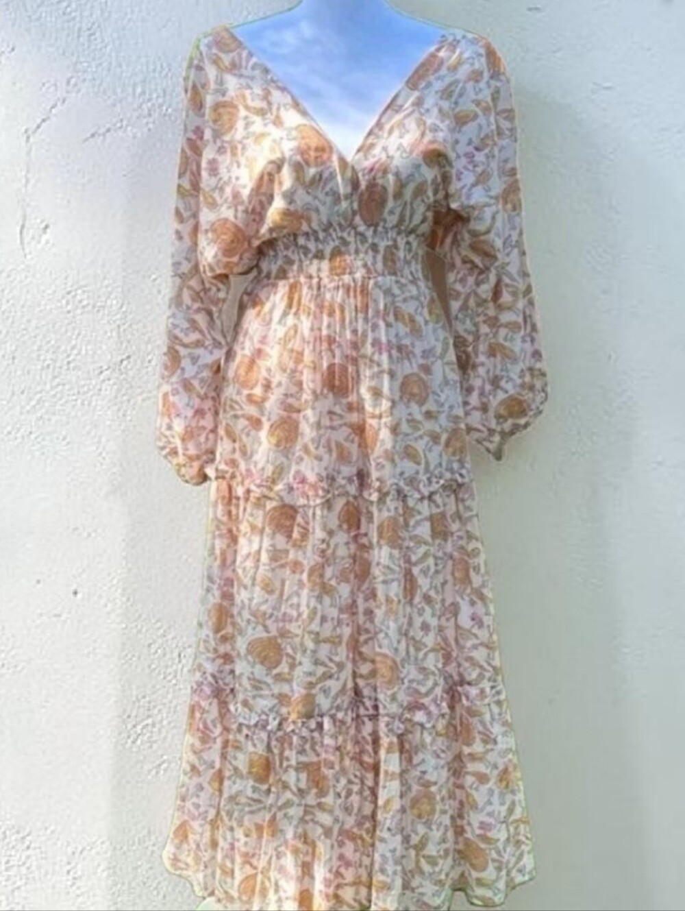 Perry Walker Collective Vneck Maxi Midi Dress XS Peacock Cottagecore Peasant